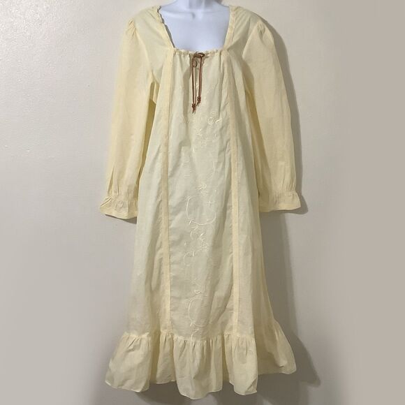 Vintage 90s Butter Yellow Peasant Prairie Cottagecore Cotton Midi Dress Large - Picture 1 of 10